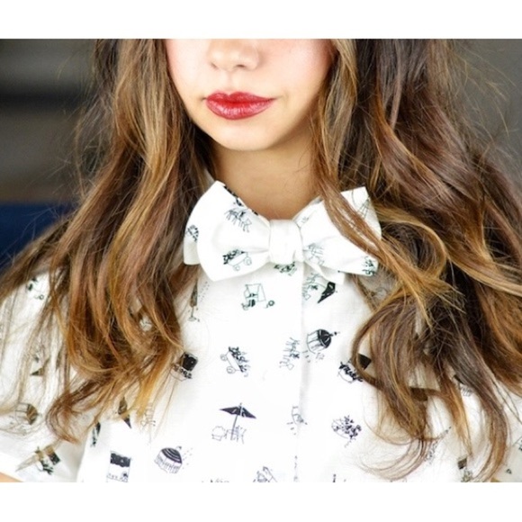 Canapé White & Black Linen Bow Blouse Novelty Print Flowers Size Medium - Picture 2 of 10